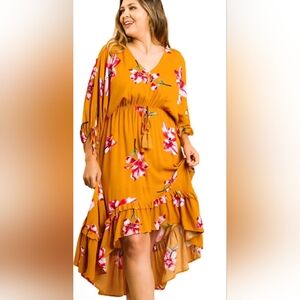 UMGEE - Mustard Bohemian Ruffle Bottom Hi-Low Maxi Dress